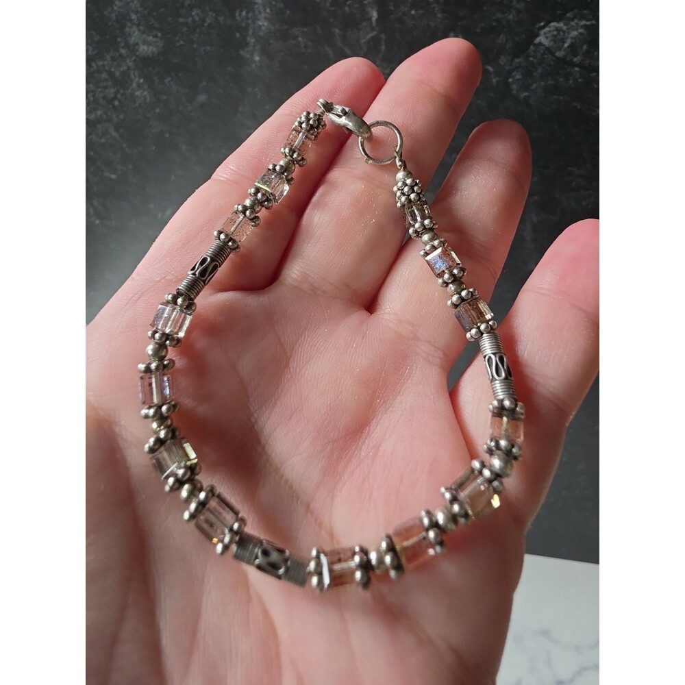 925 Sterling Silver Clear Crystal Beaded Bracelet Vintage